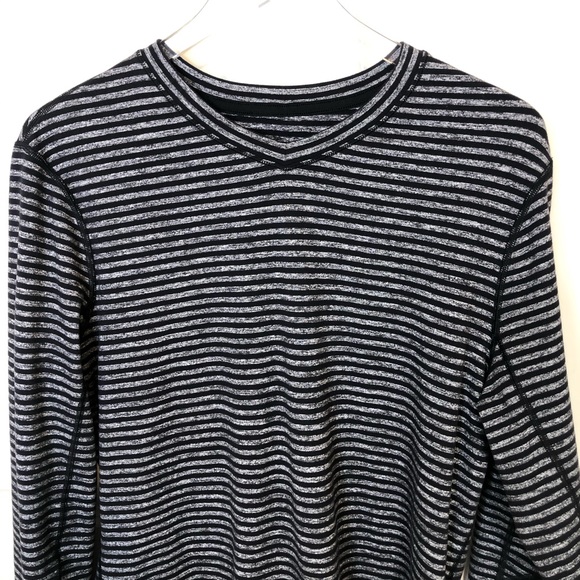 Lululemon Mens Medium Speed Long Sleeve Athletic Shirt Striped Rulu Gray Black - Picture 3 of 8